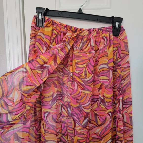 H & M Sheer Full Slit Maxi Skirt Swim Cover Up Pink Orange Tropical Size Small - Picture 4 of 9